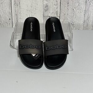 Bebe Womens Sandals Translucent Strap Black And Gray Logo Sz 9 NWT Pool, Beach